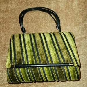 Vintage Crown Lewis Purse 1960's Velour Velvet Earth Tones Vinyl Handles Brass - Picture 1 of 9