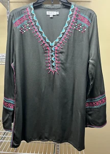 Time for Me Tunic Gray Embroidered Tribal V-Neck Henley Shirt Ladies Medium New - Picture 1 of 10