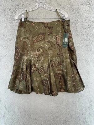 Ralph Lauren Skirt 10P A-Line 100% Silk Paisley Pleats Flare Olive Burgundy New - Image 1 of 4