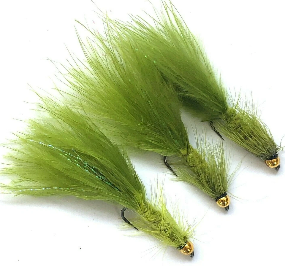 FLIE AND LURES 4,6 oder 8 Forellenfliegenfischen Streamer Fliegen OLIVWOLLE BUGGAR G. Kopf