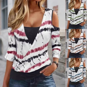 Womens Cold Shoulder Long Sleeve Pullover Casual V-Neck Striped Top Blouses Tee - Picture 1 of 14