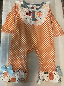 Size 6M / LCB / Orange Gingham Romper With Ruffles, Bows & Pumpkins - Picture 1 of 10