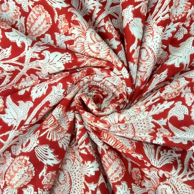 By Yard Indian Hand Block Printed Cotton Voile Running Fabric Craft White Red - Image 1 of 4