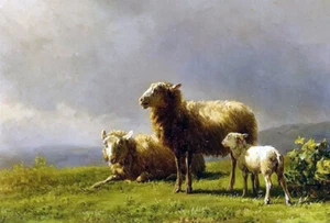 Oil painting Jan Bedijs Tom - sheep in a meadow with lamb sunset landscape art - Picture 1 of 1