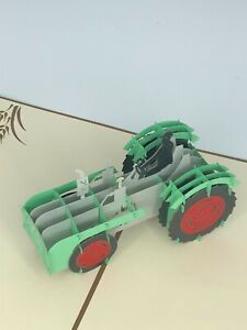 Green Tractor 3D Pop Up Card Farm Barn Animal Plow Field Harvest Father's Day