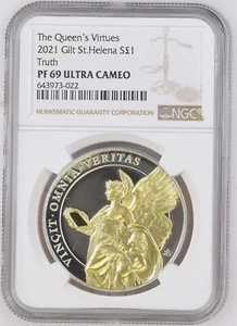 1 oz Silver Coin 2021 St. Helena The Queen’s Virtues Truth Gilded NGC PF 69 UCAM - Picture 1 of 3
