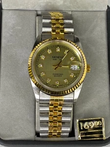 Vintage Geneva Diamond Quartz Mens Watch Gold Silver New Battery w/Box - Picture 1 of 7