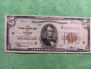 1929 $5 Federal Reserve Bank Of Chicago Brown Seal Cool Serial Number G00320052A - Picture 1 of 10