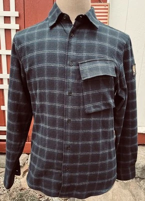 Camisa de flanela de algodão macio bolso inclinado escala BELSTAFF tamanho P preta cinza xadrez $195 - Imagem 1 de 4