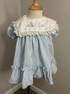 Vintage Bryan 18 Months Girls Dress Blue Gingham With Sailboat Embroidery - Picture 1 of 5