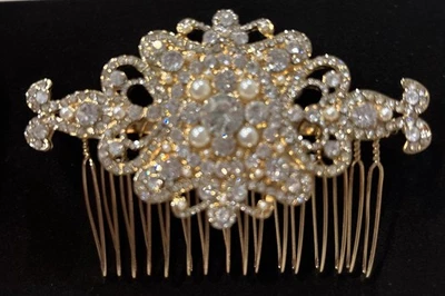 Bridal/Wedding/Prom Gold Hair Comb w/ Pearls & Rhinestones David Tutera Illusion - Image 1 of 4