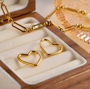 Gold Heart Hoop Earrings - Stainless Steel, Hypoallergenic, Trendy Minimalist Je - Picture 1 of 2