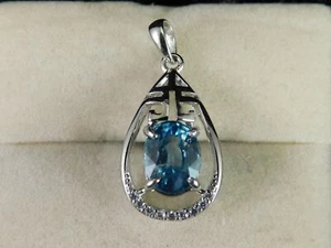 3.34 Ct. Oval Camboyano Blue Zircon & White Topaz Pendant Sterling Silver - Imagen 1 de 7
