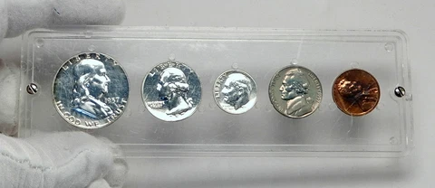 1957 UNITED STATES US Half Dollar Quarter Dime PFLike 5 Coin Set 3 Silver i79871 Cover