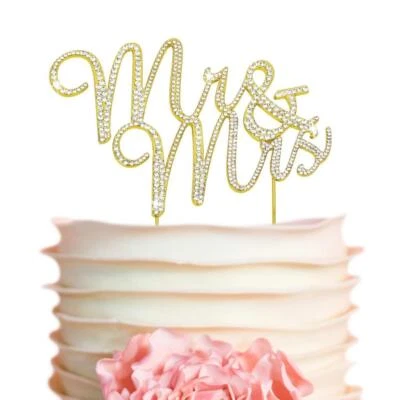 Mr & Mrs Boda Pastel Topper Cristal Dorado Metal Boda Aniversario Fiesta Foto 1 de 4