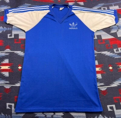 VTG 70s 80s ADIDAS TREFOIL LOGO V Neck Ringer Soccer Blue USA MADE T Shirt M/L - Image 1 of 4
