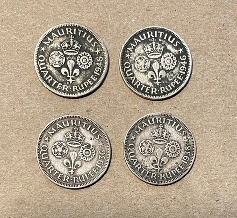Mauritius - Group of (4) Silver 1/4 Rupees (1936-1946) - Scarce Cover