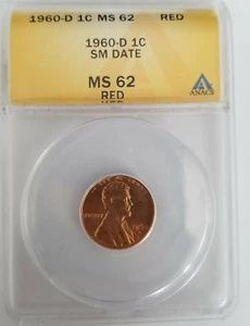 1960 D Lincoln Memorial Small Cent Penny 1C - ANACS MS 62 Red - Small Date - Picture 1 of 5