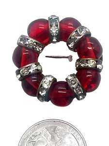 Broche de vidrio rojo francés Rousselet vintage, rondels con inserción de diamantes de imitación - Imagen 1 de 2