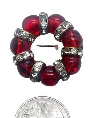 Vintage Rousselet French Red Glass Brooch, Rhinestone Inset Rondels - Image 1 of 2