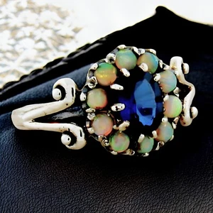 NOUVEAU STYLE 925 STERLING SILVER LAB-CREATED SAPPHIRE OPAL FLOWER RING #311 - Picture 1 of 3