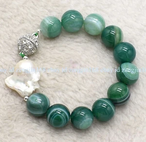 Huge 14mm Green Striped Agate Round Gems White Baroque Keshi Pearl Bracelet 7.5" - Picture 1 of 12