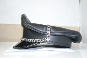 Black Genuine Leather Biker Army Fetish Peak Muir chain cap
