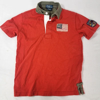 Polo Ralph Lauren Vintage Boy's Red Shirt Green Collar Flag Applique Patch Sz 7 - Image 1 of 4