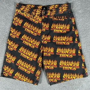 H&M Shorts Mens 32 Black Graphic All Over Print Stranger Things Fire Logo Denim - Picture 1 of 10