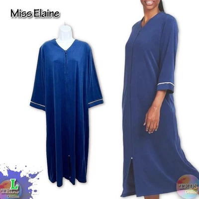 全新带标签 Miss Elaine 女式 L 弹力毛圈长袖拉链长袍 878003 海军蓝 — 第 1/4 张图片