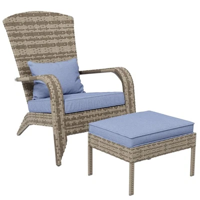 Patio Wicker Adirondack Chair with Ottoman Cushions Gray Outdoor - Image 1 of 4
