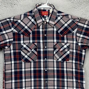 Ely Plains Adult Mens Pearl Snap Western Shirt Large Red Blue Plaid Flap Pockets - Picture 1 of 8