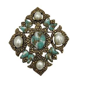 Broche De Colección SARAH COVENTRY Firmado Turquesa Cabujón Imitación Perlas Tono Dorado Leer - Imagen 1 de 15