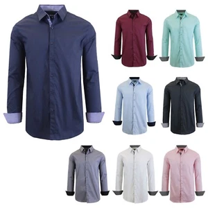 Men's Solid Slim-Fit Cotton Long Sleeve Dress Shirts ( S-2XL ) NWT Free Shipping - Picture 1 of 9