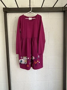 EUC Hanna Andersson Cat Dress Magenta Appliqué Flowers sz 140 US 10 Long Slv - Picture 1 of 9