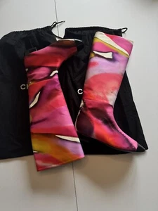 Chanel Black Patent Leather Pink Knee Tall Flat Boots Shoes Size 7 - Picture 1 of 17