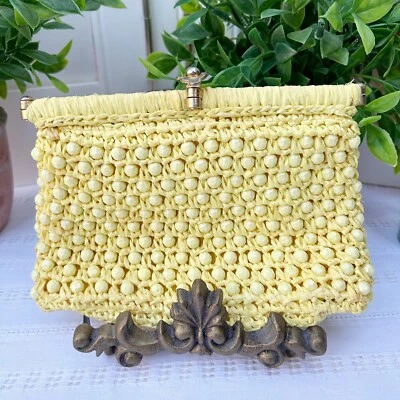 Vintage Yellow Beaded Straw Purse Clutch Coin Handbag - Image 1 of 4
