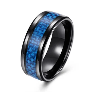 Stainless Steel Black Mens Band Carbon Fiber Silver Black Blue Ring B558 - Picture 1 of 29