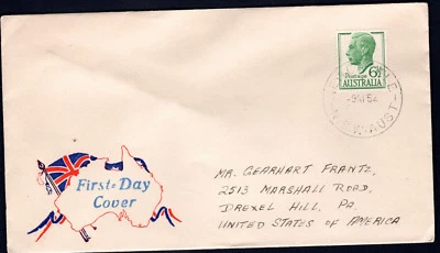 Australia 1952 KGVI  6 1/2d Green HUNTER STAMP CO. Generic Map & Flag FDC - Image 1 of 4
