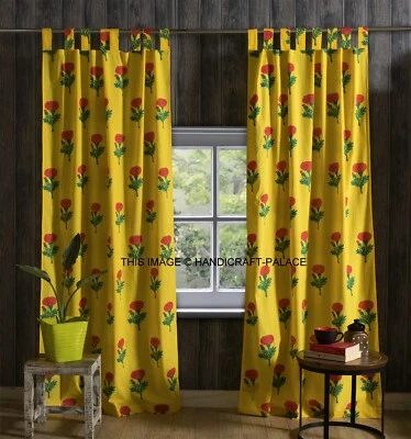 Cortina impresa en bloque a mano panel algodón bucles tinte natural amarillo rosa floral 86" Foto 1 de 3