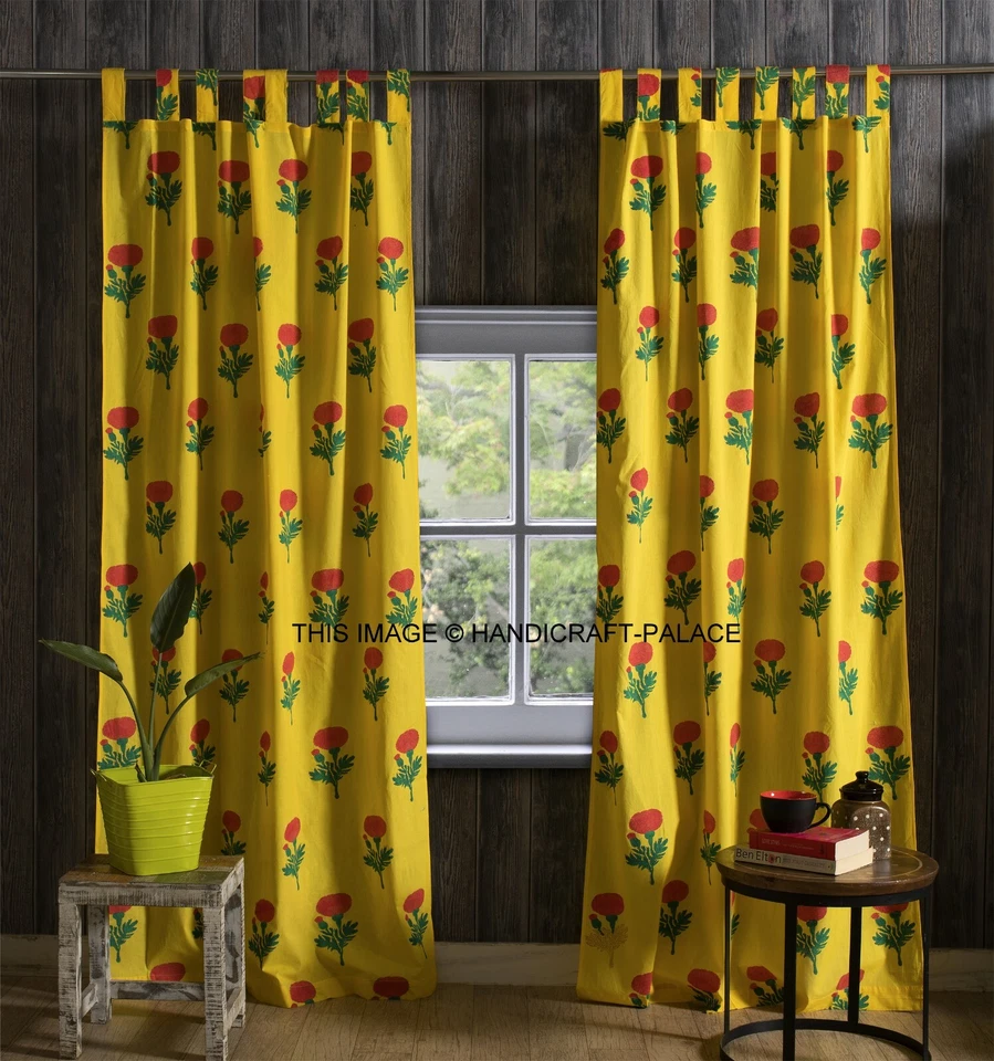 Cortina impresa en bloque a mano panel algodón bucles tinte natural amarillo rosa floral 86" Foto 1 de 3