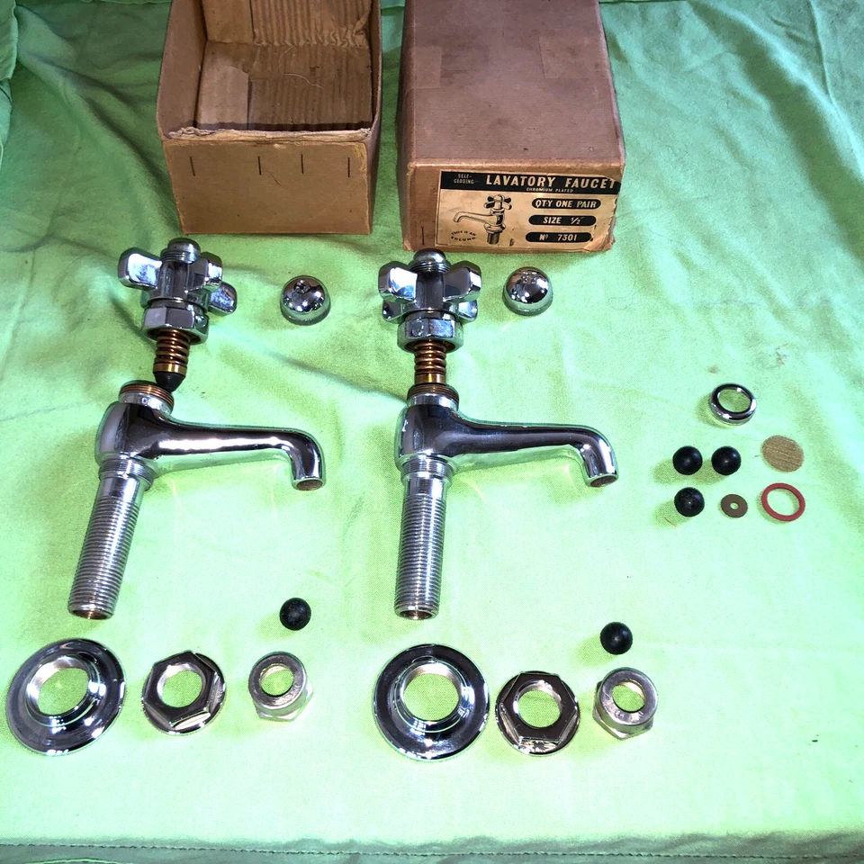 Vintage 1940-50’s NOS EDLUND Lavatory Chrome Plated/Brass Faucet Pair Size 1/2” - Image 1 of 4