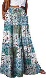 Womens Boho Maxi Skirt Floral Print High Waist Long Tiered A-Line Summer Skirt - Picture 1 of 65