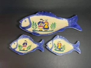 Vintage Set of 3 Hand Painted Ceramic French Rotheneuf Fish Plates / Dish Decor - Picture 1 of 9