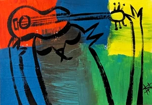 ACEO Cat Painting Original Music Guitar Modern Kitten Art Card Samantha McLean - Picture 1 of 1