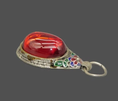 Colgante chino vintage de plata maciza piedra roja esmalte colorido decoración joyería Foto 1 de 4