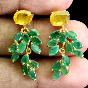 925 Sterling Silver Earrings Oval Yellow Sapphire 9x7mm Emerald Gemstone Jewelry - Picture 1 of 14
