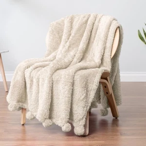Sherpa Throw Blanket 50x60 Ivory Beige Fuzzy Soft Plush Couch Sofa Pom Poms - Picture 1 of 7