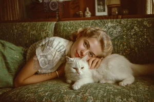 Foto de colección de HERMOSA MUJER AMERICANA con gato años 50 - retrato raro 381 - Imagen 1 de 2