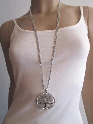 Modekette Damen Hals Kette Lagenlook lang Silber Mehrreihig Strass Lebensbaum l3 - Bild 1 von 4